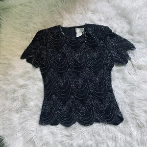 Papell Boutique Evening💗Black 100% Silk All Over Beaded Elegant Top💗Sz M - Picture 1 of 5