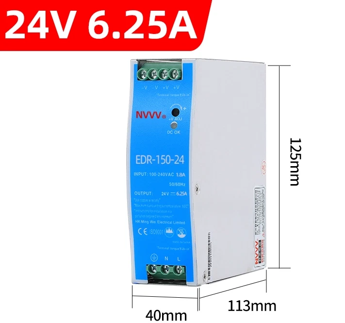 Fuente de alimentación conmutadora EDR-150-24 AC/CC salida 24V 6.5A 150W carril DIN industrial Foto 1 de 1