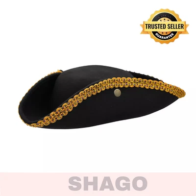 Sombrero Tricornio Guerra Revolucionaria - Negro con Borde Dorado Pirata Colonial Disfraz para Foto 1 de 4