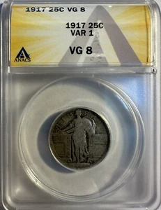 1917-P Type 1 Standing Liberty Quarter - ANACS VG-8 - (1029/WBX) - Picture 1 of 4