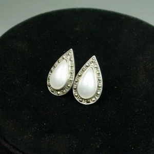 Vintage Sterling Silver Faux Pearl Opal Marcasite Teardrop Pierced Earrings - Picture 1 of 6