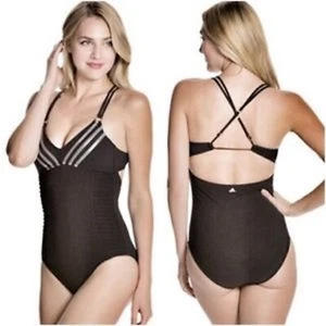 Adidas Womens One Piece Swimsuit Large L Black Gray Strappy Beach Vacation NEW - Picture 1 of 7