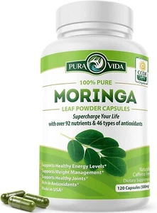PURA VIDA MORINGA Capsules Organic, Moringa Leaf & Immune Support 120ct. 500mg - Picture 1 of 7