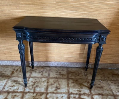 CONSOLE TABLE A JEU NAPOLEON III EN BOIS NOIRCI AVEC TAPIS DE JEU VIOLET - Photo 1/4