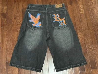 Red Ape Y2k вышитый черный выцветания Jean шорты Sz 34 хип-хоп мешковатые. - Изображение 1 из 4