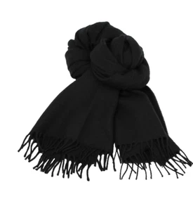 Wollschal gewebt einfarbig schwarz Herrenschal Damenschal Winter mit Fransen - Picture 1 of 4