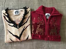 Lot of 2 Storybook Knits Cardigan Sweaters Size XS Beige Tiger Red Reindeer