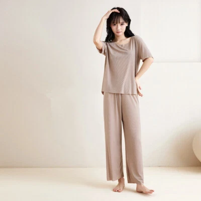 Conjunto de 2 pijamas (top+pantalones) de seda helada para hombres y mujeres ropa de salón informal talla L ~ 4XL Foto 1 de 4