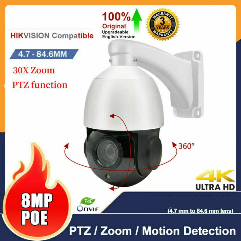 Hikvision Compatible 8MP HD PTZ IP Camera 30X Zoom Speed Dome POE IR H.265 CCTV - Image 1 of 4