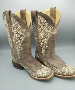 CORRAL Womens Crater Bone Embroidery Brown Square Toe Boots, Size 8.5 (A2663-LD)