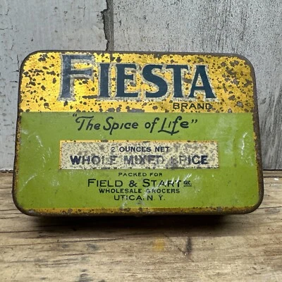Vintage Fiesta Spice Tin - Whole Mixed Spice-Field & Start Utica NY Advertising - Image 1 of 4