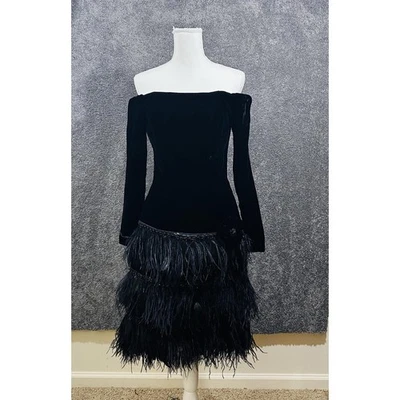 Vtg Victor Costa Black Velvet Feathered Off-Shoulder Gown 80s WhimsyGoth XS Prom - Image 1 of 4