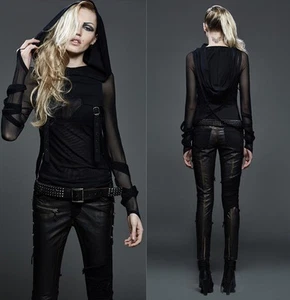 Neu Punk Rave Rock Kapuze Vintage Damen Shirt Mesh schwarz Gothic Punk Hoodie Top - Bild 1 von 10