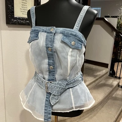 Blusa jeans Venus bainha desigual malha com cinto cintura botão para baixo - Tamanho 4 - Imagem 1 de 4