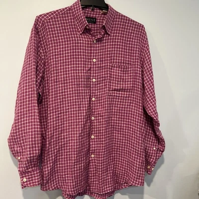 Mine linen shirt men's Large button-down dress purple plaid long sleeve Gingham - Image 1 of 4