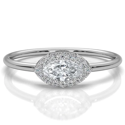 East–West Marquise Halo Lab Grown Diamond Ring 14k Gold Slim 1.3mm 0.23ctw - Image 1 of 3