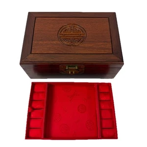 Rosewood & Brass Chinese Jewelry Box 2 Levels Red Silk Lined Compartments 12x8x5 - Picture 1 of 23