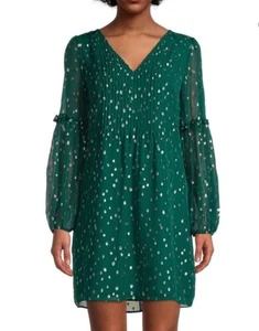 Lilly Pulitzer Cleme Silk Dress Spruce Green Gold Metallic V-Neck Long Sleeve 6 - Picture 1 of 19