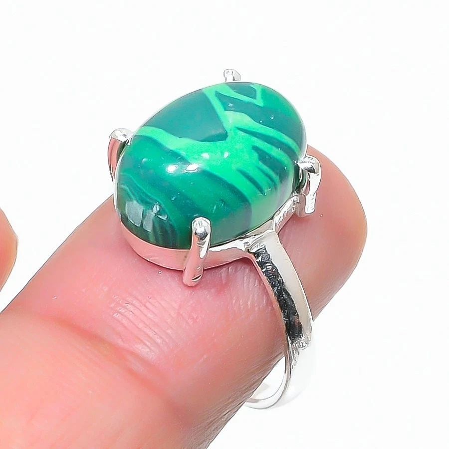 Green Malachite Gemstone 925 Sterling Silver Jewelry All Size Ring For Gift - Image 1 of 1