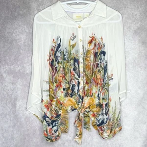 Maeve Anthropologie Women's XS/Small Top Sheer White Birds Florals Tie Front EUC - Picture 1 of 7