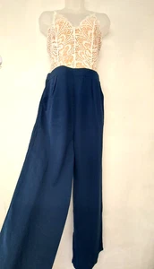 Boohoo Ladies Jumpsuit Size 14 Blue White Lace Wide Leg New With Tags - Picture 1 of 14