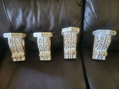 Decorative Wood Wall Corbels Floral Design, Set 4, Rustic White Shelf Rod Holder - Image 1 of 4