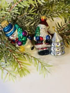 Juego de 3 adornos de vidrio soplado | Vintage | Muñeco de nieve de Santa Árbol de Navidad Vacaciones - Imagen 1 de 5
