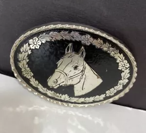 Bridled Horse Head Oval Belt Buckle Black Silver Equestrian Made in USA - Picture 1 of 7
