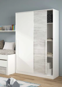 MAX White & Light Ash Wardrobe 120cm Wide 2 Sliding Door Hanging Rail + Shelves - Picture 1 of 8