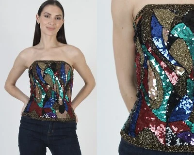 Sexy Blusa Bustier Top Vintage Sin Tirantes Lentejuelas Cuentas Doradas Cóctel Fiesta Foto 1 de 4