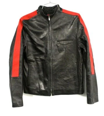 HUGO BOSS Women XS BLACK LEATHER MOTO JACKET LAMBSKIN Red Trim Zippered Vents - Image 1 of 4