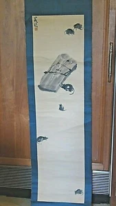 ANTIQUE 19c CHINESE WATERCOLOR ON PAPER SCROLL PAINTING OF MICE AROUND A TRAP - Foto 1 di 12