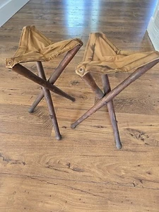 Vintage Canvas, Leather, Wood Tripod Folding Stool Western Cowboys Decorative - Picture 1 of 9