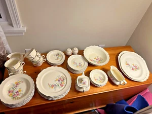 Vtg W S George Lido 61 Piece 8 Place settings Flowers On Fence 167A Pink Purple - Picture 1 of 9