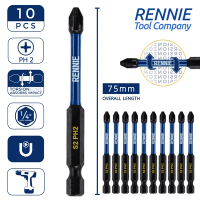 10 x PH2 75mm Long Magnetic Impact Duty Screwdriver Drill Driver Bits Phillips 2 - Image 1 of 4
