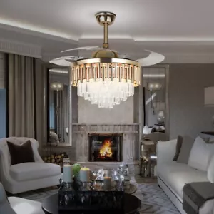 42" Luxury Crystal Ceiling Fan Remote Invisible Blades LED 3-Color Chandelier - Picture 1 of 15