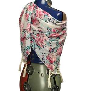 Sciarpa quadrata moda floreale Aeropostale angoli nappa rosa verde bianco 42X41 - Foto 1 di 17