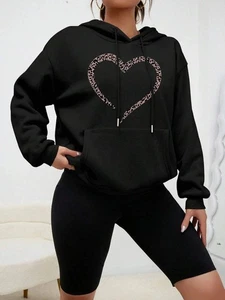 Women’s Leopard Heart Print Hoodie Vintage Pocket Pullover Streetwear Autumn - Picture 1 of 11