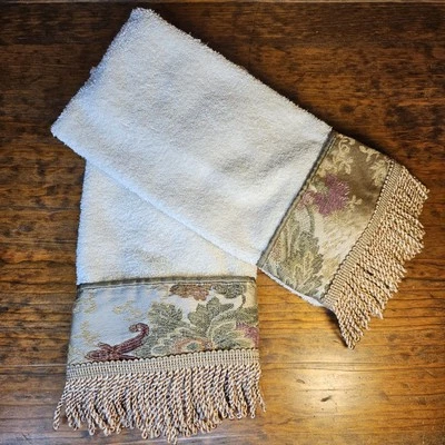 Croscill Home Fashions Floral Hand Towels Pair 18x24 Ivory Tapestry Fringe Trim  - Image 1 of 4