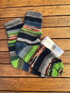 Handgestrickte Wollsocken Gr. 38  grau-blau-bunt gestreift - Bild 1 von 1
