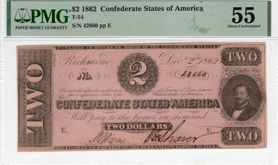 T-54 PF-11 1862 $2 Confederate Paper Money - PMG About Uncirculated 53 - Image 1 of 2
