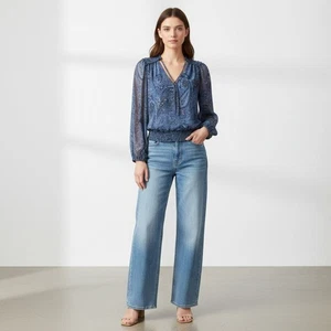 Lucky Brand Paisley Blue Print Sheer Long Sleeve Boho Top Size M - Picture 1 of 12