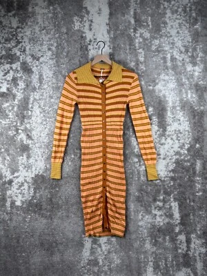 Nuevo Vestido Free People XS Naranja Bodycon Rayas Tejido Manga Larga Botón Elástico Foto 1 de 4