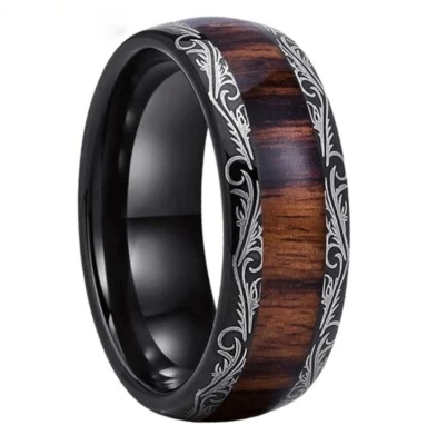 8MM Leaf Veins Dark Red Wood Inlay Dome Polished Tungsten Carbide Ring Band - Image 1 of 4