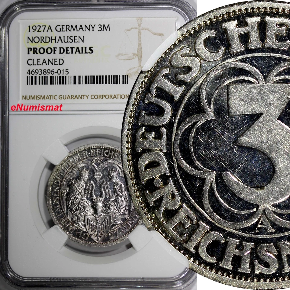 Germany Nordhausen Silver PROOF 1927 A 3 Reichsmark NGC PROOF SCARCE KM52 (015) - Image 1 of 4