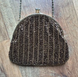 Vintage Walborg Beaded Brown Handmade Handbag Clutch Purse Gold Chain - Picture 1 of 5
