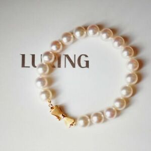Beautiful  8-9MM AAA akoya real natural White round pearl Bracelet 7.5-8" 