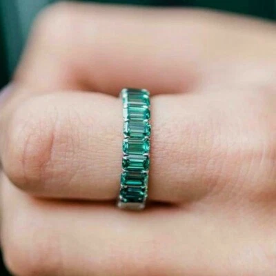 4ct Green Green Simulated Emerald Men's Eternity Band Ring 14k White Gold Plated - Image 1 of 4