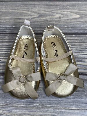 Antiguo Zapato de Vestir Azul Marino Bebé Infante Niño Pequeño Dorado Brillante Ballet Sin Cordones Talla 12mos Foto 1 de 4
