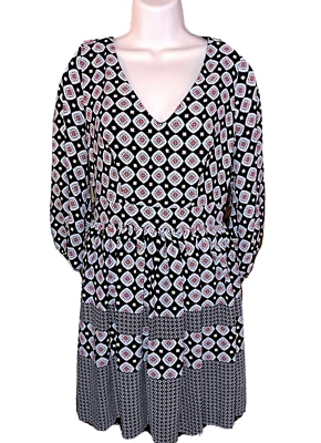 女式 GB 黑色红色蓝色几何复古连衣裙小号泡泡袖 Gianni Bini 90 年代 — 第 1/4 张图片